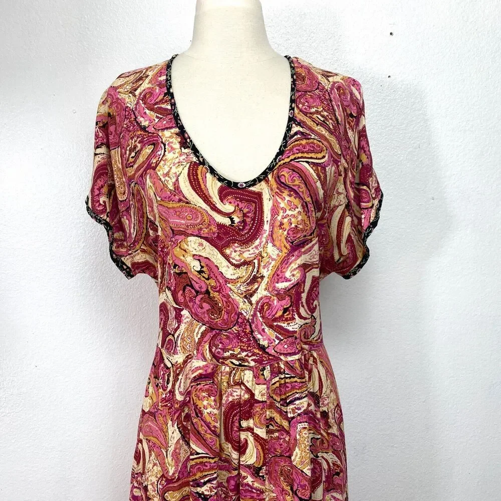 Vintage Zoe Womans Maxi Dress Large  Rayon Crepe Pink Paisley Boho Peasant Y2K